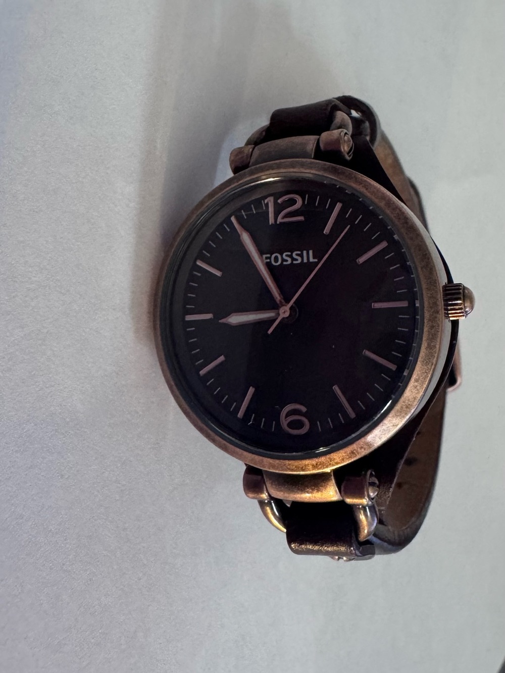 Fossil Bronze-Tone Case Black Dial Brown Leather Strap Watch